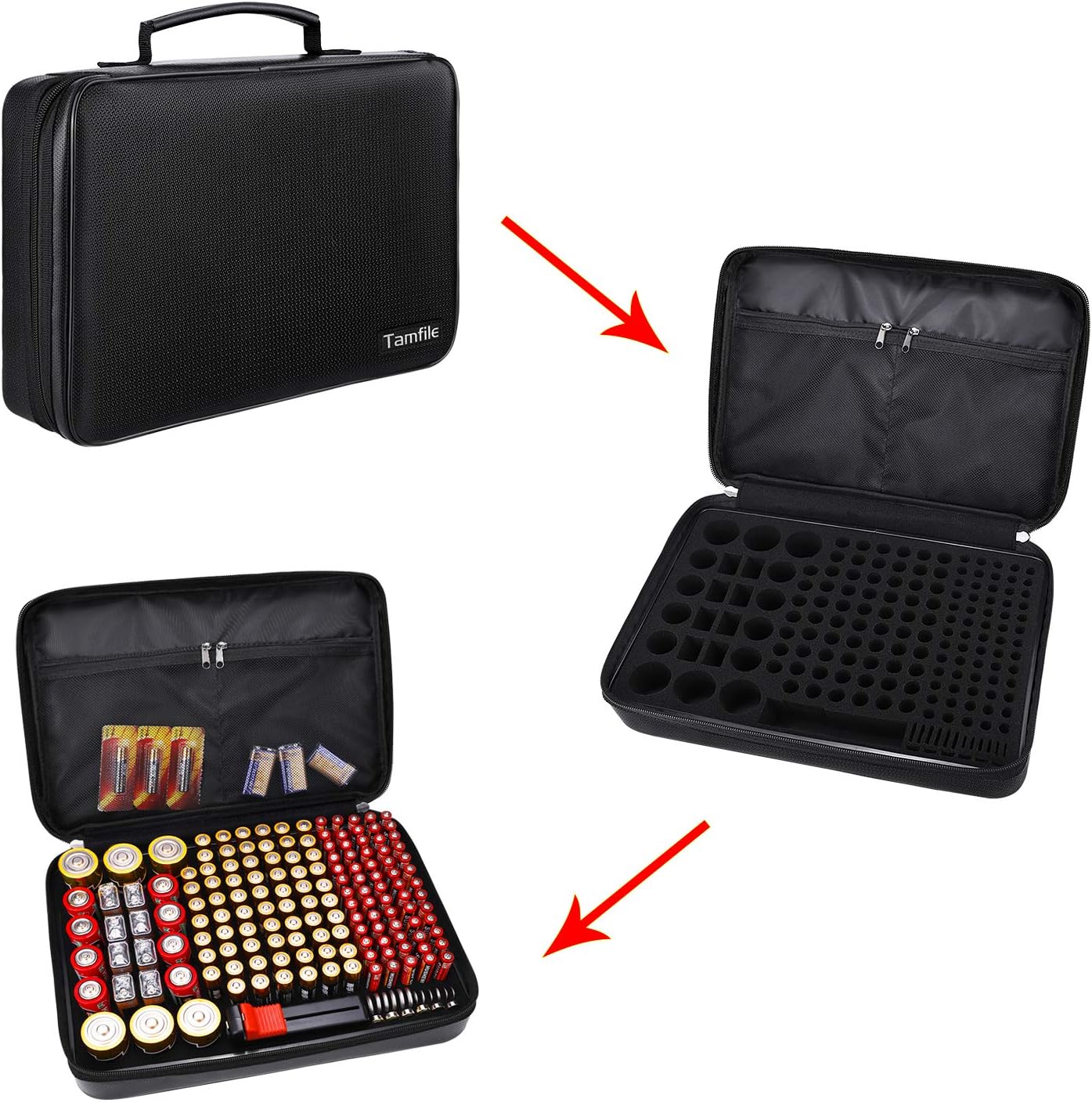 Tamfile Fireproof Battery Organizer Storage Case Waterproof&Explosionproof | Carrying Safe Bag , Fits 210+ Batteries Case, with Tester BT-168, Energy Batteries AA AAA C D 9V Lithium 3V Holder