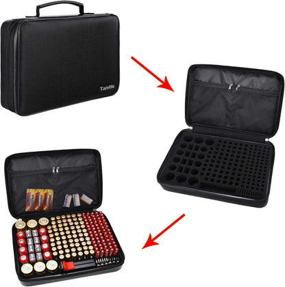 Tamfile Fireproof Battery Organizer Storage Case Waterproof&Explosionproof | Carrying Safe Bag , Fits 210+ Batteries Case, with Tester BT-168, Energy Batteries AA AAA C D 9V Lithium 3V Holder