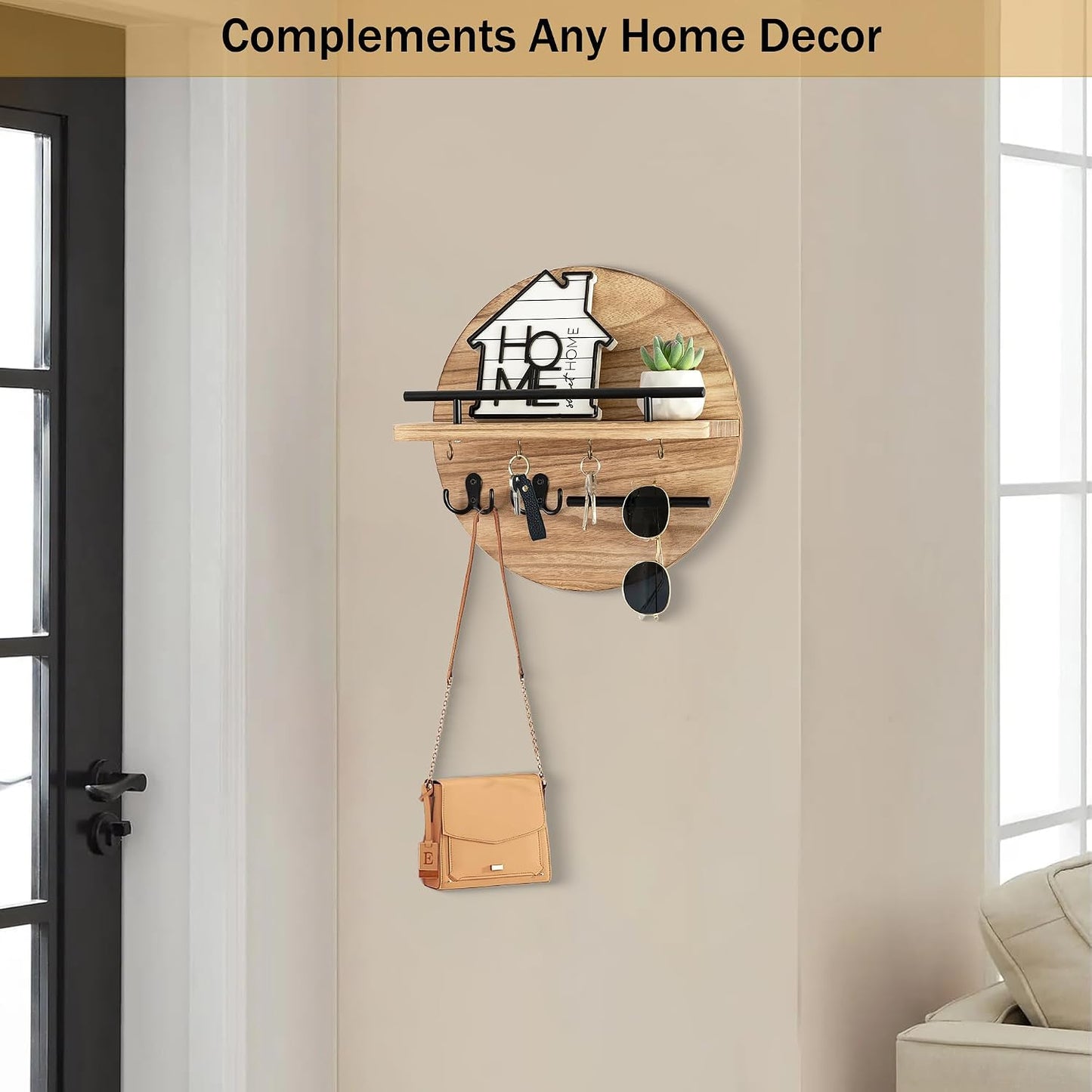 dreampossible Key Holder for Wall Decorative with Shelf and Hooks, Mail Organizer Wall Mount, Circular Design Entryway Key Rack Hanger, Rustic Home Decor (Black)