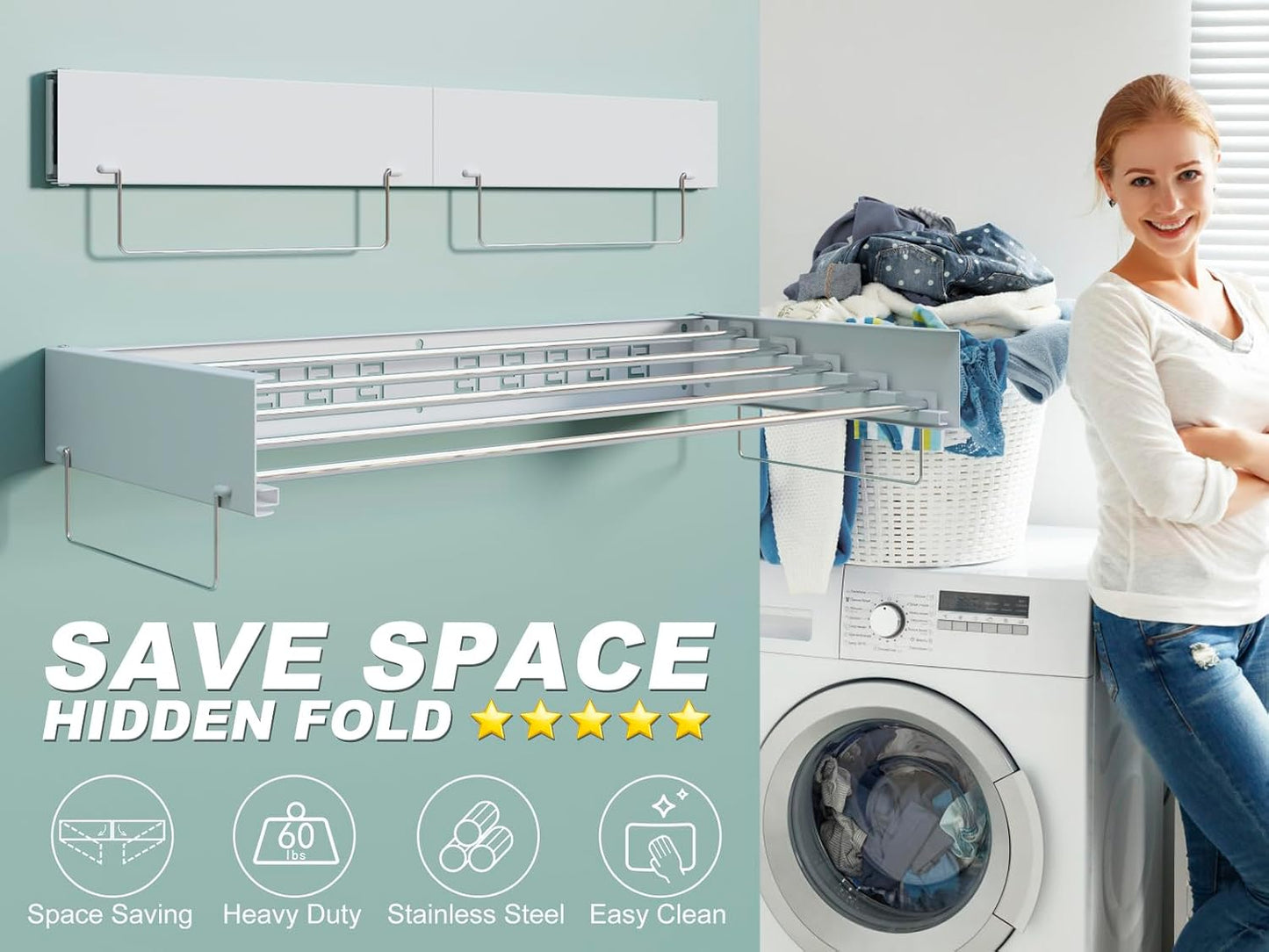 Wall Mounted Hidden Clothes Drying Rack - Pull-Out Laundry Organizer with 5 Stainless Steel Rods - Collapsible & Foldable for Laundry Room/Bathroom - Heavy Duty & Space Saving (31.5", White)