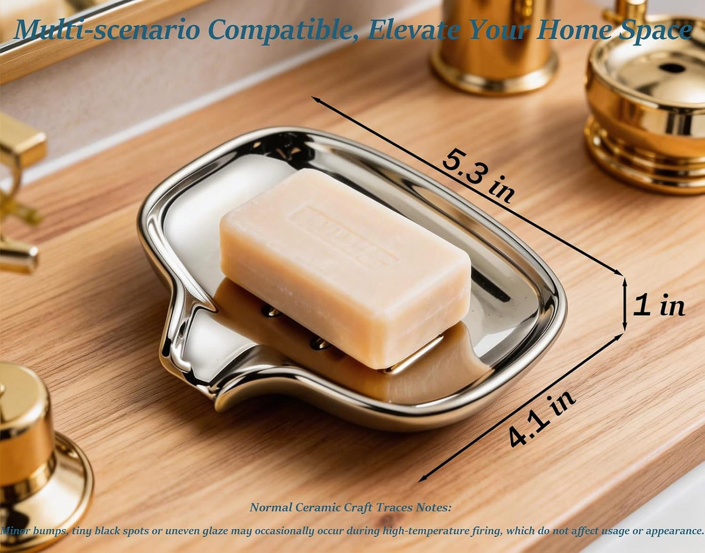 Polished Silver Soap Dish | Self-Draining Bar Soap Holder with U-Shaped Drainage, Decorative Soap Tray for Bathroom Shower & Kitchen Sink