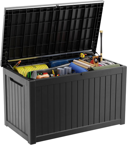 ROJIK 340 Gallon Deck Box Outdoor Waterproof,Weatherproof Outdoor Storage Boxes Lockable with Lid,Outside Resin Storage Bench for Patio Cushions,Garden Tools and Pool Accessories(Black)