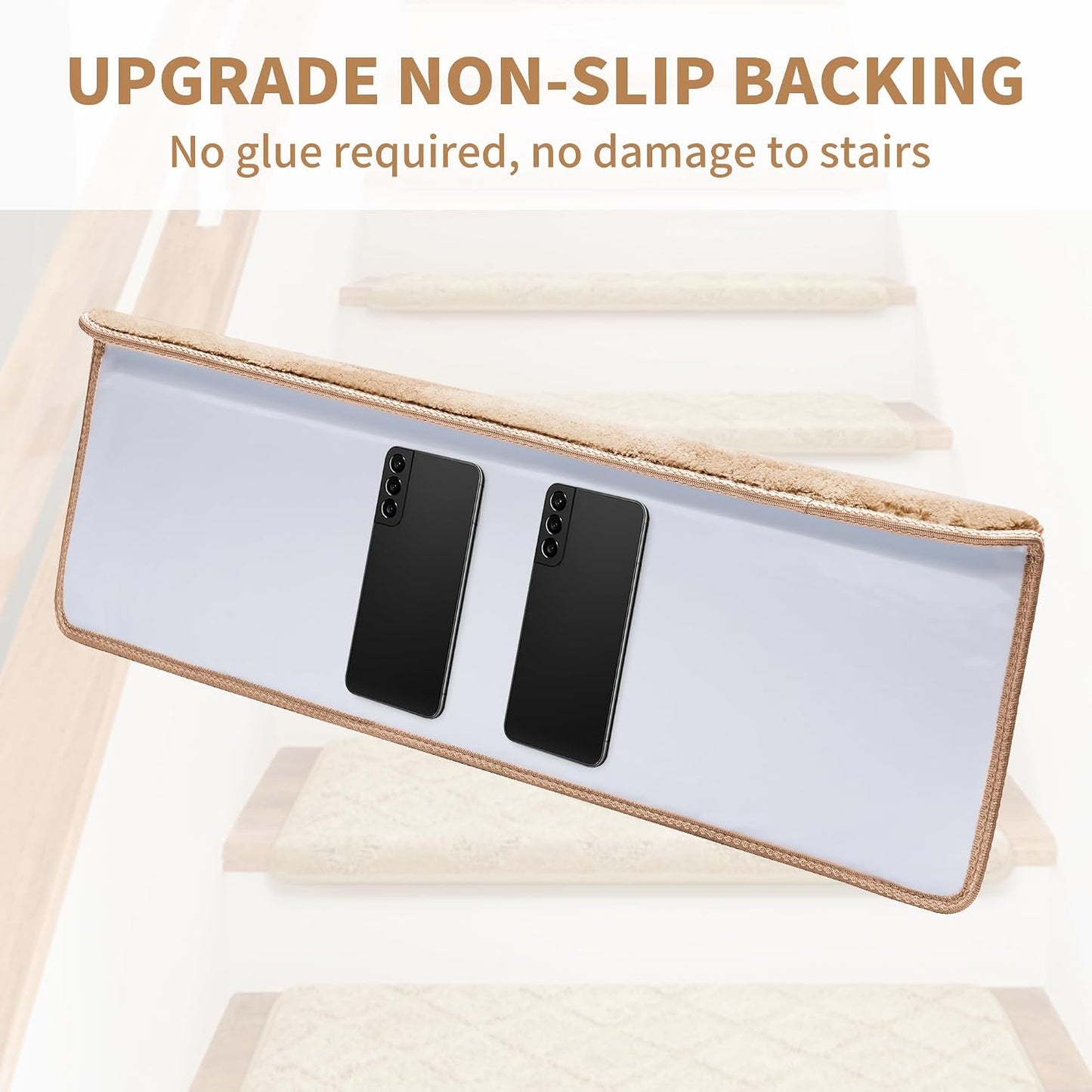 Bullnose Stair Treads Non Slip 9.5" x 32", 14 Pcs Ultra Plush Carpet Stair Treads for Wooden Steps Indoor with Edge Protection, Reusable Peel and Stick TPU Backing Stair Runner Rugs - Beige Gray