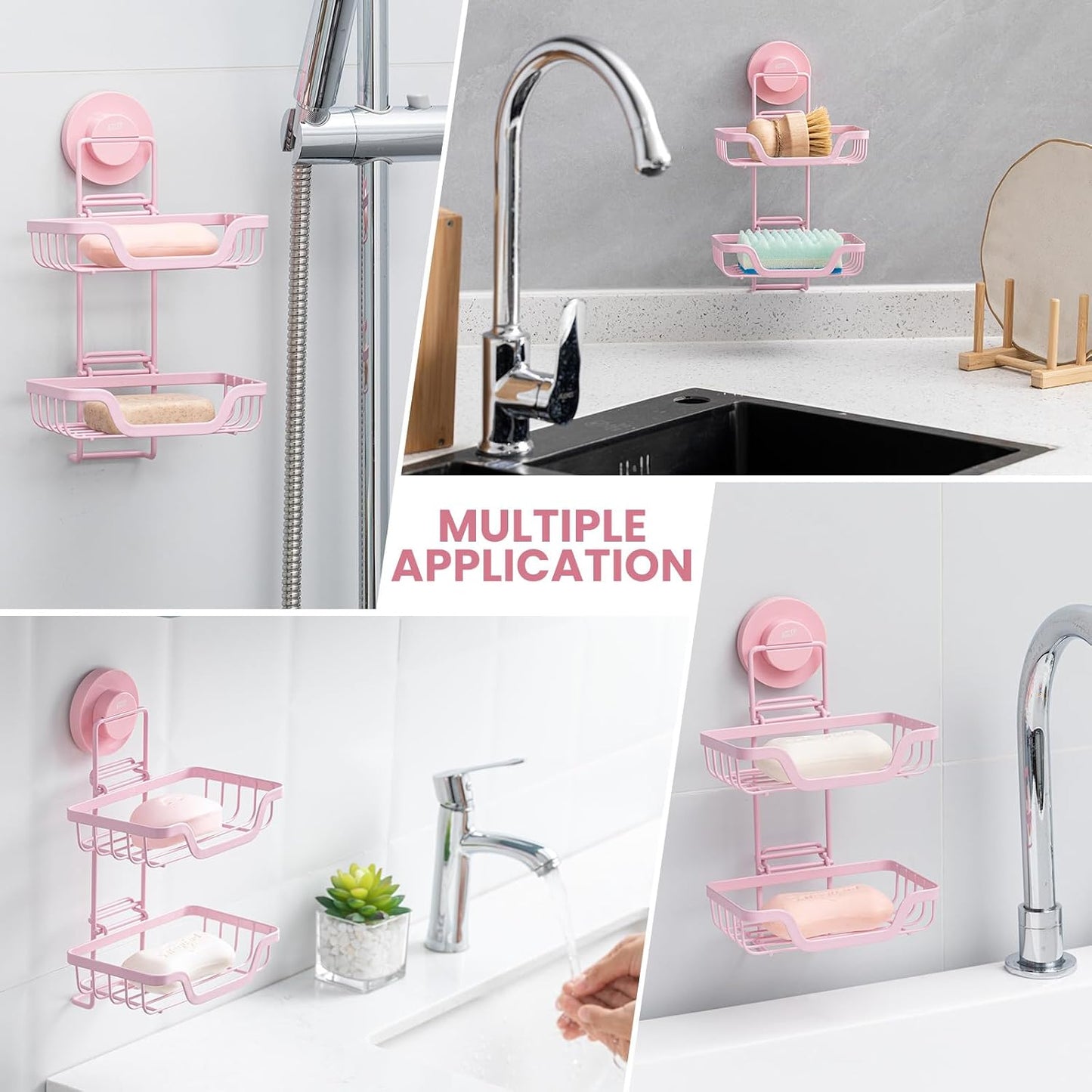 TAILI Soap Holder for Shower – Suction Cup Bar Soap Dish with Hooks, Rustproof Stainless Steel, Self-Draining Sponge Holder with Razor Holder for Bathroom & Kitchen, Black