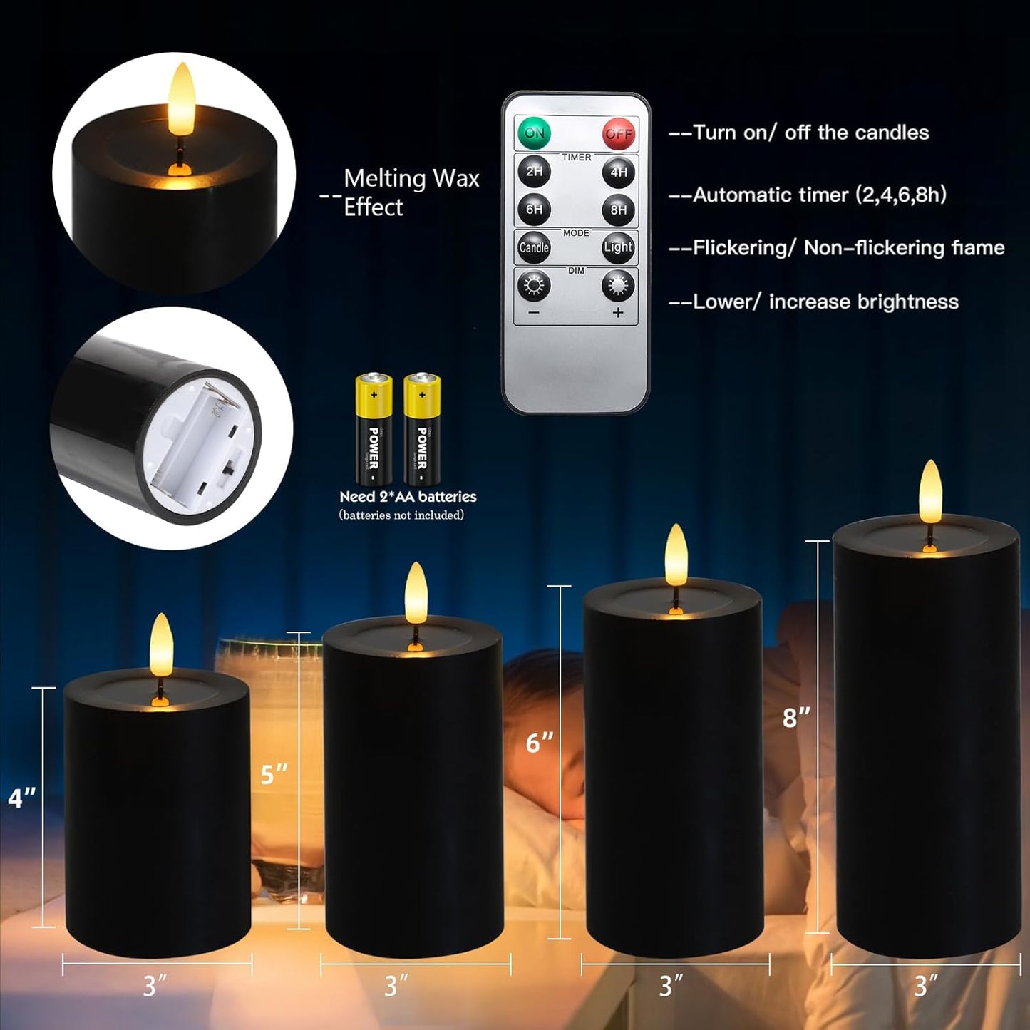 Lezonic Ivory LED Flameless Candles with Remote Timer, 4 Pack Battery Operated Candles Flickering, Grease Design Real Wax Pillar for Wedding Decor, Centerpiece, Birthday Gifts (4/5/6/8 Inch)