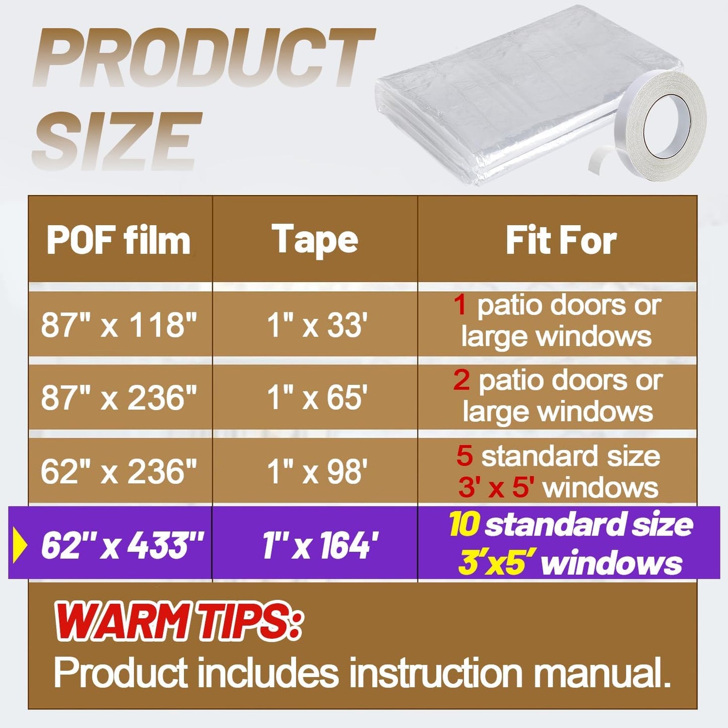 87×118in Patio Door Window Insulation Kit for Winter- Thicken Indoor Large Window Plastic for Winterizing, Clear Window Covering Shrink Film with Double-Side Tape to Keep Cold Out
