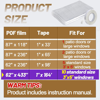 87×118in Patio Door Window Insulation Kit for Winter- Thicken Indoor Large Window Plastic for Winterizing, Clear Window Covering Shrink Film with Double-Side Tape to Keep Cold Out