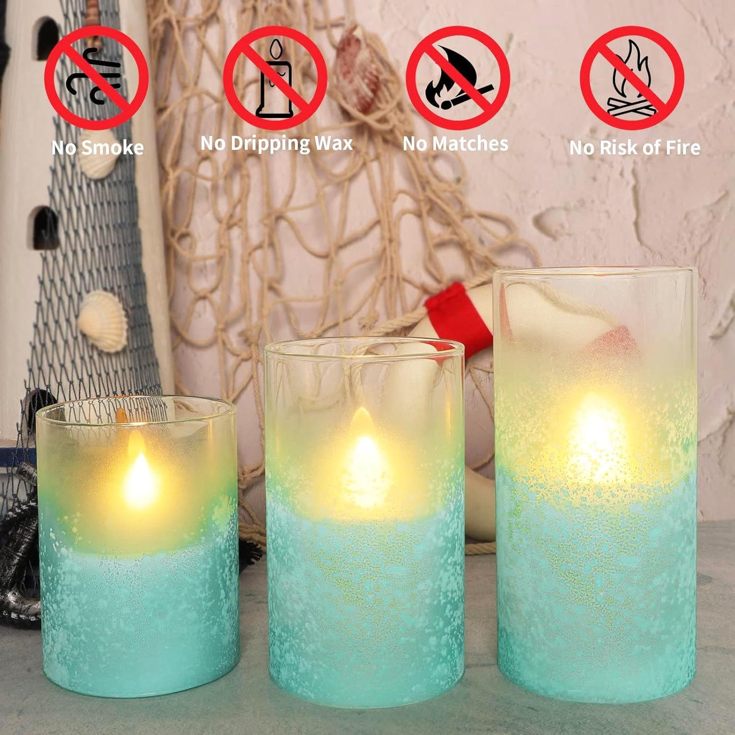 Glass Flameless Candles Flickering Battery Operated LED Pillar Candles Set of 3 with Timer and and 10-Key Remote Green Branch Floral Spring Summer Theme for Wedding Festival Home Decoration