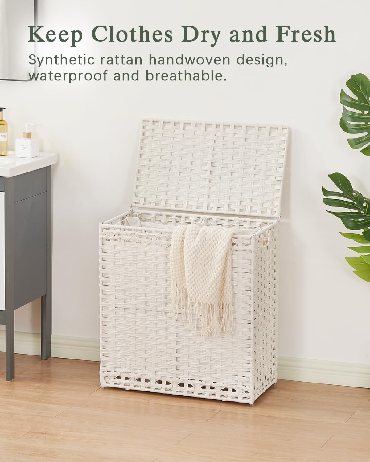 SETVSON Laundry Hamper with Lid Laundry Basket 132 L (35 Gal) Wicker Clothes Hamper, Handwoven Rattan Hamper with Handles and 4 Removable Liner Bags, 6 Mesh Bags for Laundry Bedroom Natural