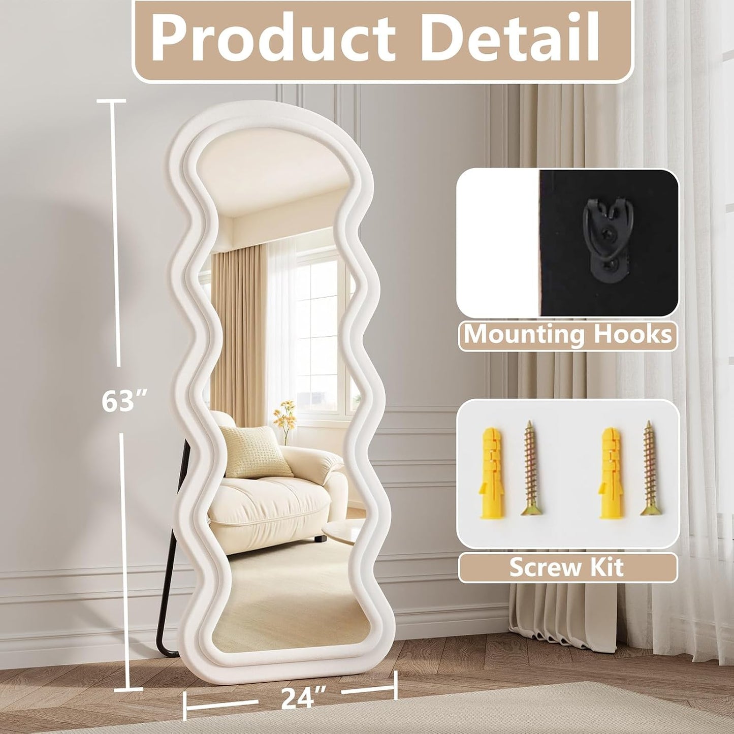 71"x32" Flannel Full Length Mirror, Arched Mirrors Full Length with Stand, Flannel Floor Mirror for Bedroom and Living Room, Full Body Mirror Hanging or Leaning, White