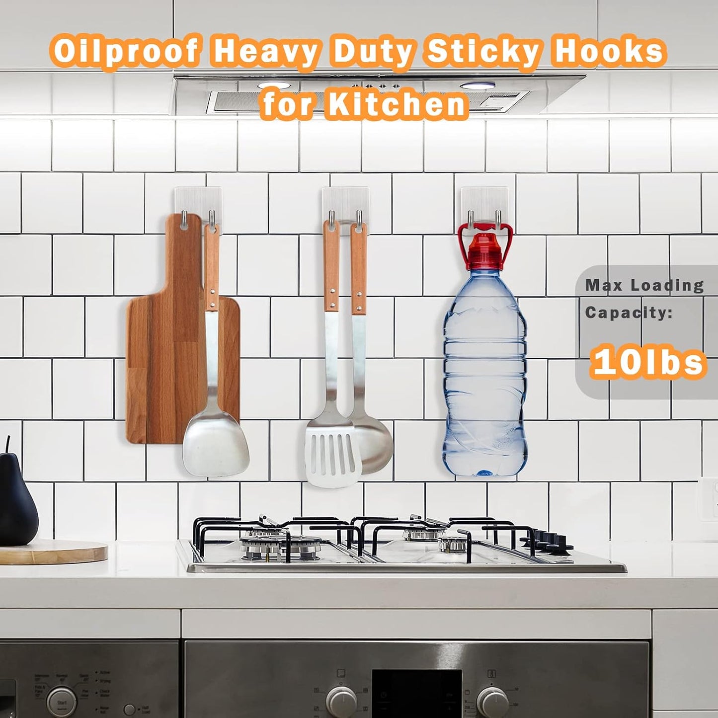Adhesive Hooks Heavy Duty, Long Stainless Steel Self Adhesive Wall Hook, Sticky Towel Hangers for Kitchen Bathroom, Waterproof Stick on Door Hooks for Hanging Key Hat Coat 4Pack(Black)