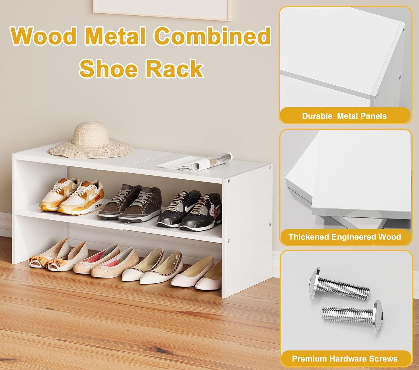 White Shoe Rack Organizer for Closet, 2-Tier Expandable Shoe Shelf, Stackable Iron Wood Combination Small Shoe Racks Shelves for Closets, Entryway,Small Space,Hallway,Bedroom,Bathroom,6-12 Pairs