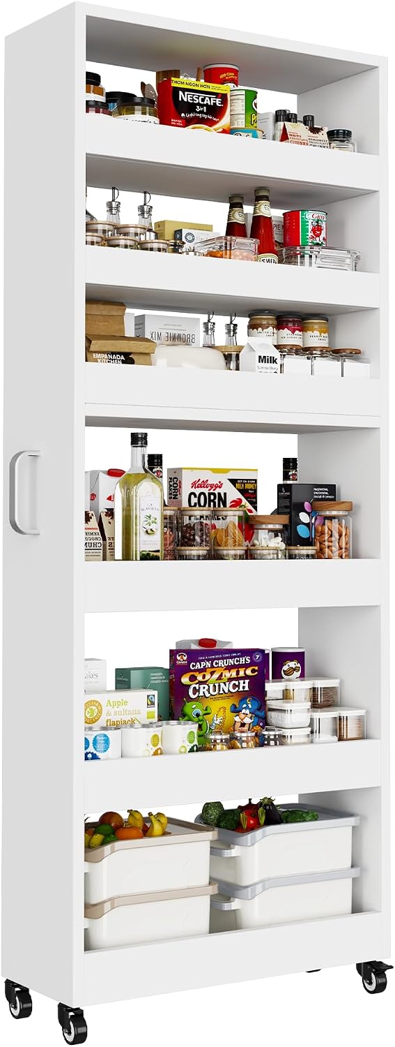 Slim Storage Cart, Lightweight 6 Tier Metal Rolling Utility Kitchen Cart on Wheels, Mobile Storage Shelving Unit Organizer for Bathroom Laundry Office Narrow Places (White, 6" D)