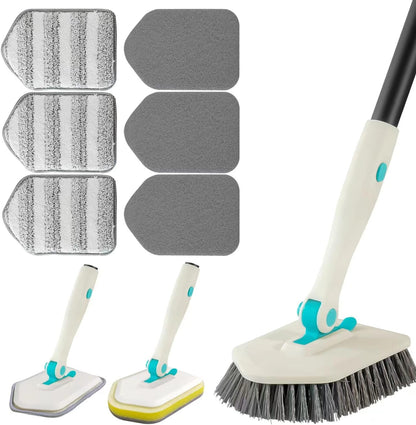 3 in 1 Scrub Cleaning Brush with Long Handle 51'' - Shower Bathtub Tub & Tile Scrubber Brush Include 1 Stiff Brush Head & 3 Scouring Pads & 3 Microfiber Clothes, for Wall Bathroom Glass Bathtub(White)