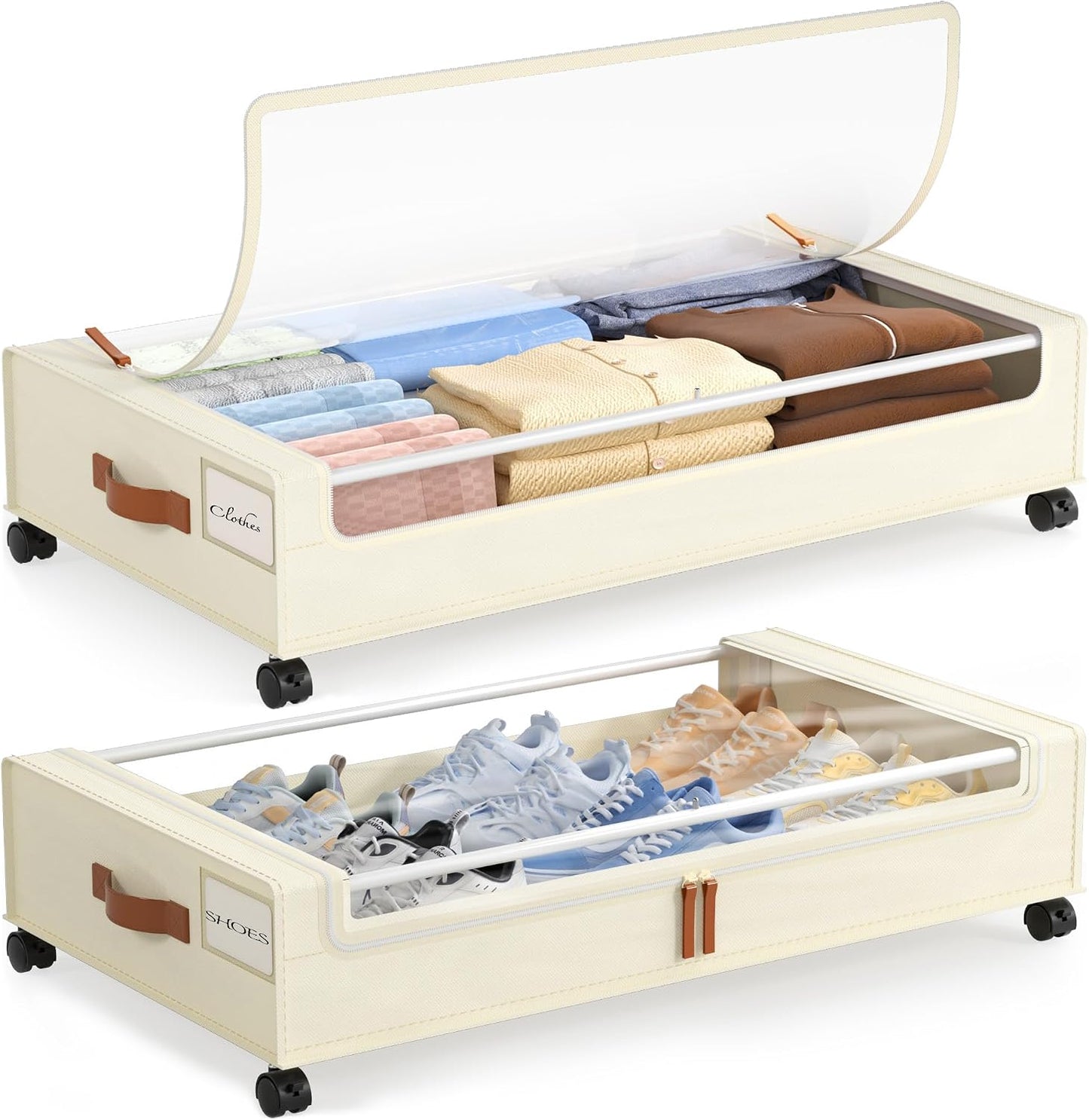 LAMU Under Bed Storage with Wheels, 2 Pack Under Bed Storage Containers with Clear Lid, XXL 60 L Underbed Storage Bins, Rolling Under Bed Metal Drawers for Clothes, Blankets, Shoes, Black