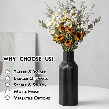 White Ceramic Flower Vases Set of 3, Modern Matte Vertical Ribbed, Nordic Minimalist Decor for Pampas, Dried & Fresh Flowers, Centerpiece for Living Room, Shelf, Entryway, Wedding,Office