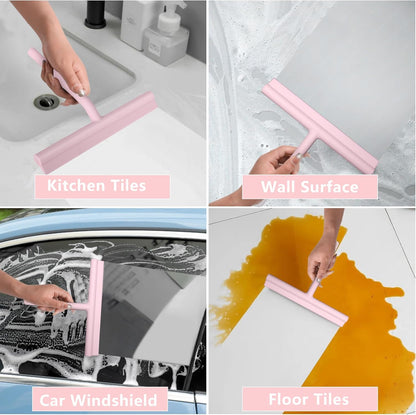 Squeegee for Shower Glass Doors, Resilient Loop - No-Drill & Adhesive Hook, Silicone Shower Squeegee with Stainless Steel Core, Cleaning Tool for Home, Kitchen, Bathroom & Car - Black