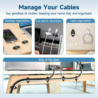 Adjustable Cable Management Clips, Self Adhesive Cord Organizer with Elastic Loop, Reusable Cable Holder for Desk, Under Desk, Wall, TV, Office, Home, Charging Cables, USB, HDMI, PC Wires (10)
