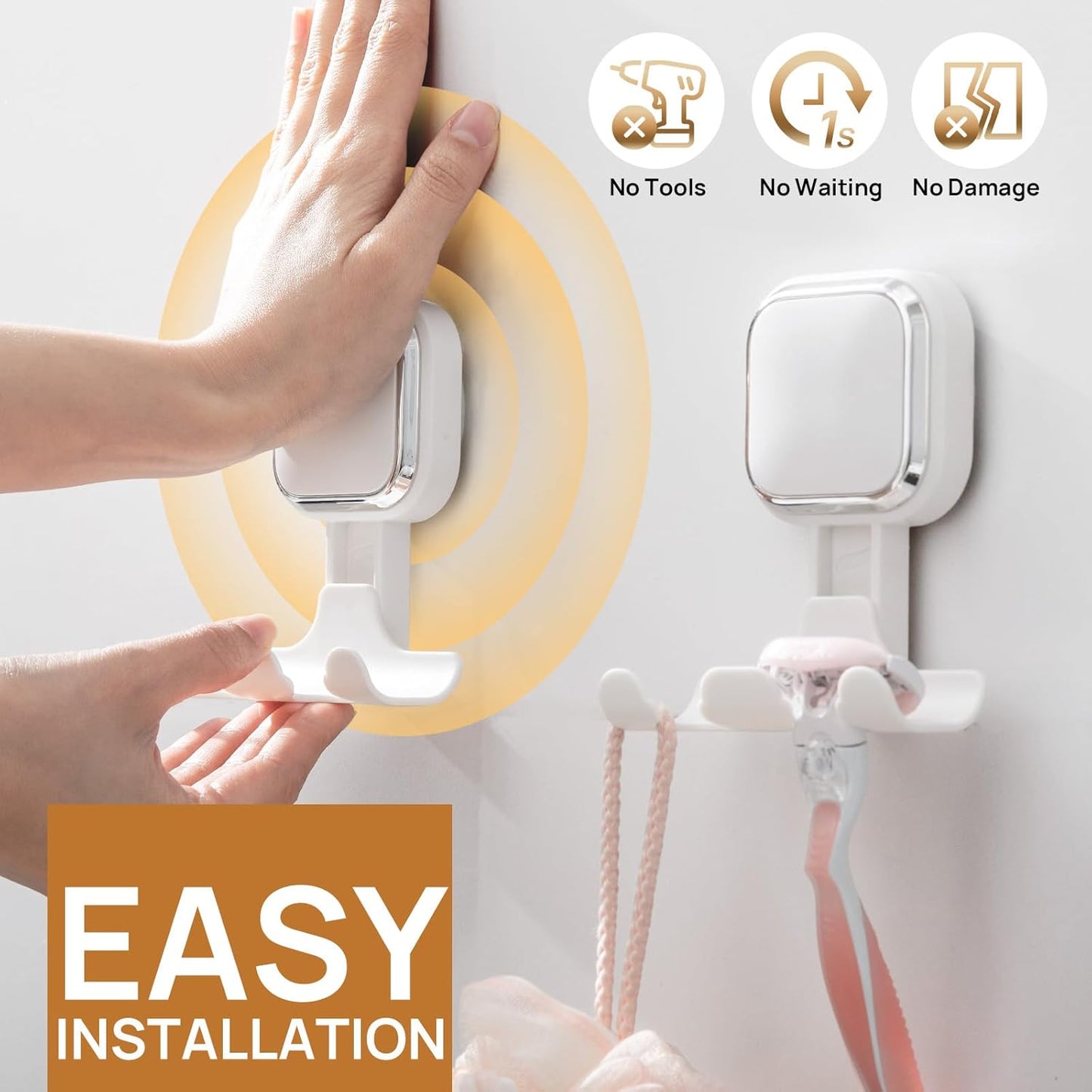 LEVERLOC Razor Holder for Shower 2 Pack, Powerful Suction Cup Shower Hooks for Towel, Loofah, Razor, Squeegee, Damage-Free Wall Hooks, Shaver Holder for Bathroom, Easy to Install and Reuse, White