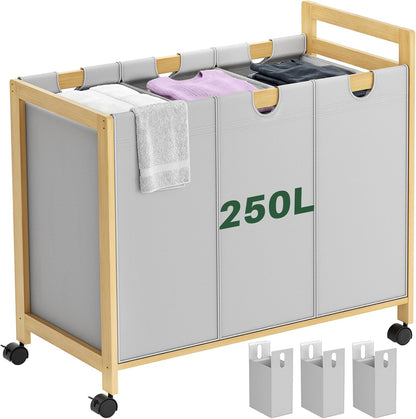 Homykic 250L Laundry Sorter Cart with Wheels, 3-Section Rolling Laundry Basket with Removable Bags, 66 Gal Large Laundry Hamper Organizer, Heavy Duty Bamboo Frame, Water-Resistant, Black