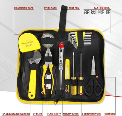 Auto Dynasty Tool Kit for Home 16-Pieces, Basic Household Hand Tool Sets with Hex Key Screwdriver and Adjustable Wrench, All in One Storage Bag for Garage, Home Maintenance, Auto Repair (Orange)