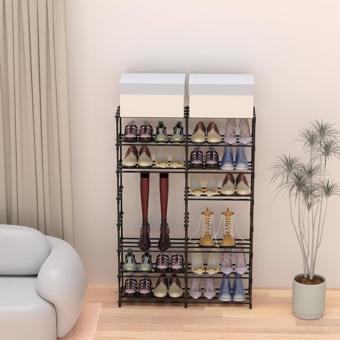 3 Row 4 Tier Long Shoe Rack, Black Metal Stackable Shoe Shelf with Multifunctional Hooks, Shoe Storage Hold 24-30 Pairs, Space Saving Shoe Organizer for Closet,Wide Shoe Rack