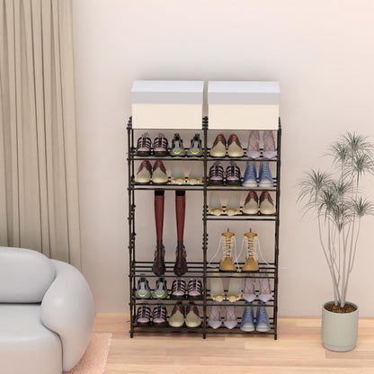 3 Row 4 Tier Long Shoe Rack, Black Metal Stackable Shoe Shelf with Multifunctional Hooks, Shoe Storage Hold 24-30 Pairs, Space Saving Shoe Organizer for Closet,Wide Shoe Rack