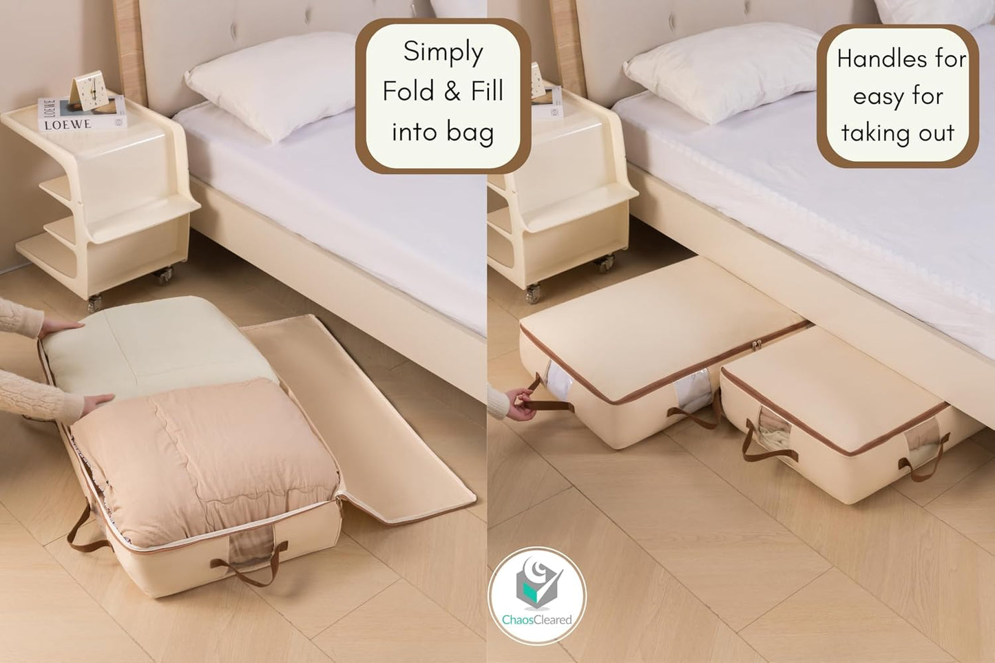 Chaos Cleared Canvas Storage Bags Designer Organizer for Comforters 2 Pack – Seasonal Storage for Pillows, Blankets, Linens & Garments – Foldable Design with Zip & Window, Moth-Proof Space Saver