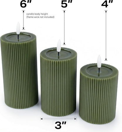Fluted Ribbed LED Pillar Candles, Cream Beige, with Realistic Reflective Melted-Wax Effect – Flickering Flame, Remote, Dimmable, Flameless, Battery Operated, Home & Wedding Decor (Set of 3)