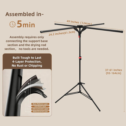 Clothes Drying Rack Foldable, Laundry Drying Rack Collapsible Space-Saving Tripod Clothing Drying Stand for Indoor/Outdoor with Folding Button, Height Adjustable