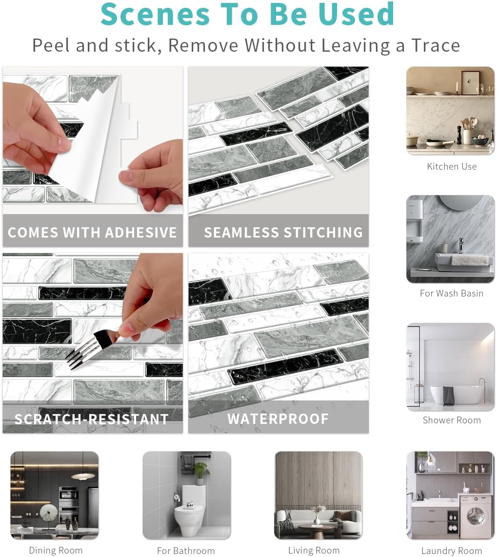 36 Sheets of Self Adhesive Marble Tile Wall Tiles Vinyl Sticker | 9.68 x 4.72in Water Resistant, Easy to Stick and Peel off, Suitable for DIY Decoration on Ceilings and Walls (Black)