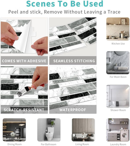 36 Sheets of Self Adhesive Marble Tile Wall Tiles Vinyl Sticker | 9.68 x 4.72in Water Resistant, Easy to Stick and Peel off, Suitable for DIY Decoration on Ceilings and Walls (Black)