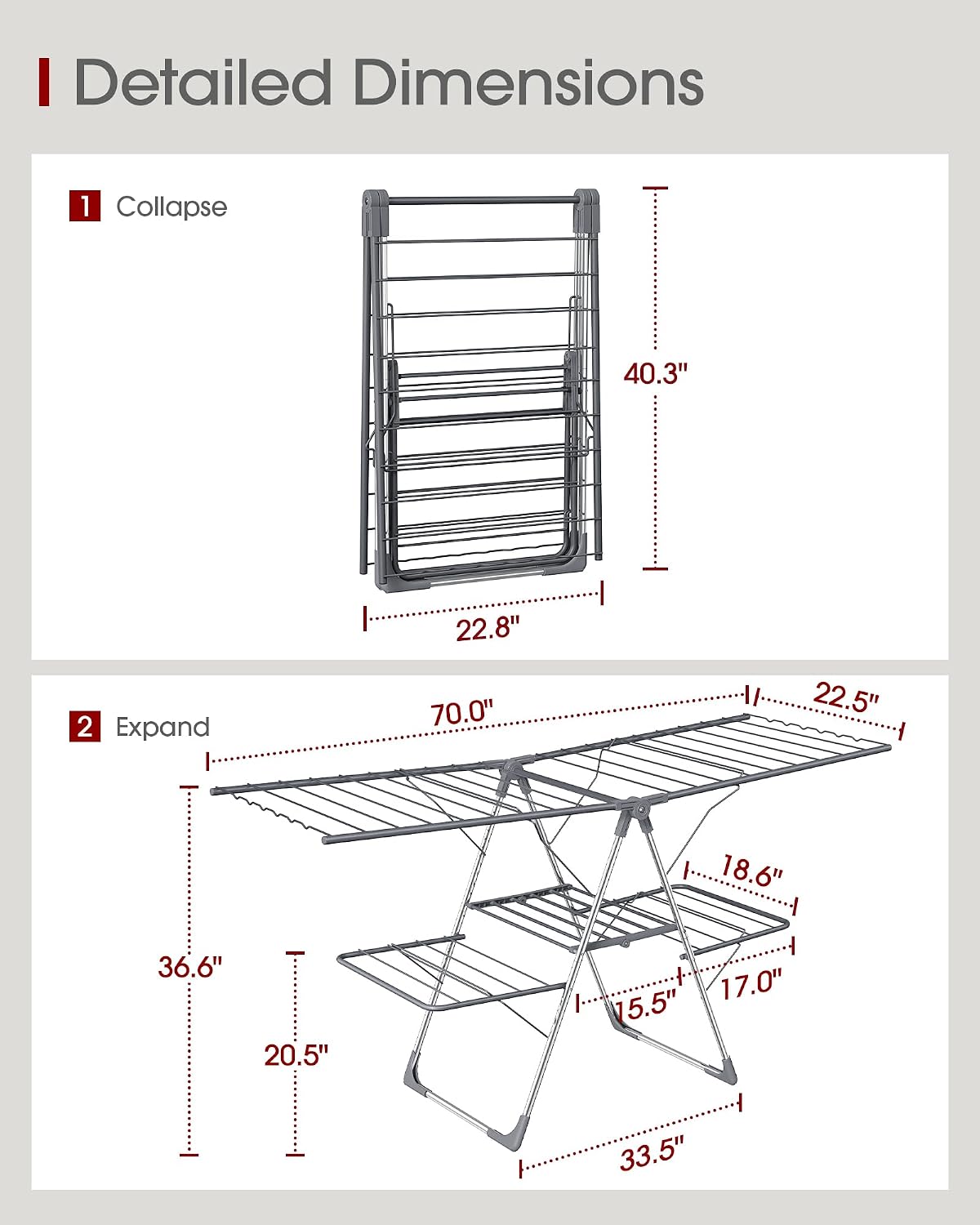 Sakugi Clothes Drying Rack, Foldable 2-Level Laundry Drying Rack with Height-Adjustable Wings, for Clothing & Bedding, Free-Standing Space-Saving Rack, Indoor & Outdoor, 55.5" L × 22.8" W, Gray