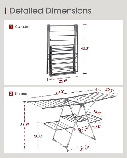 Sakugi Clothes Drying Rack, Foldable 2-Level Laundry Drying Rack with Height-Adjustable Wings, for Clothing & Bedding, Free-Standing Space-Saving Rack, Indoor & Outdoor, 55.5" L × 22.8" W, Gray