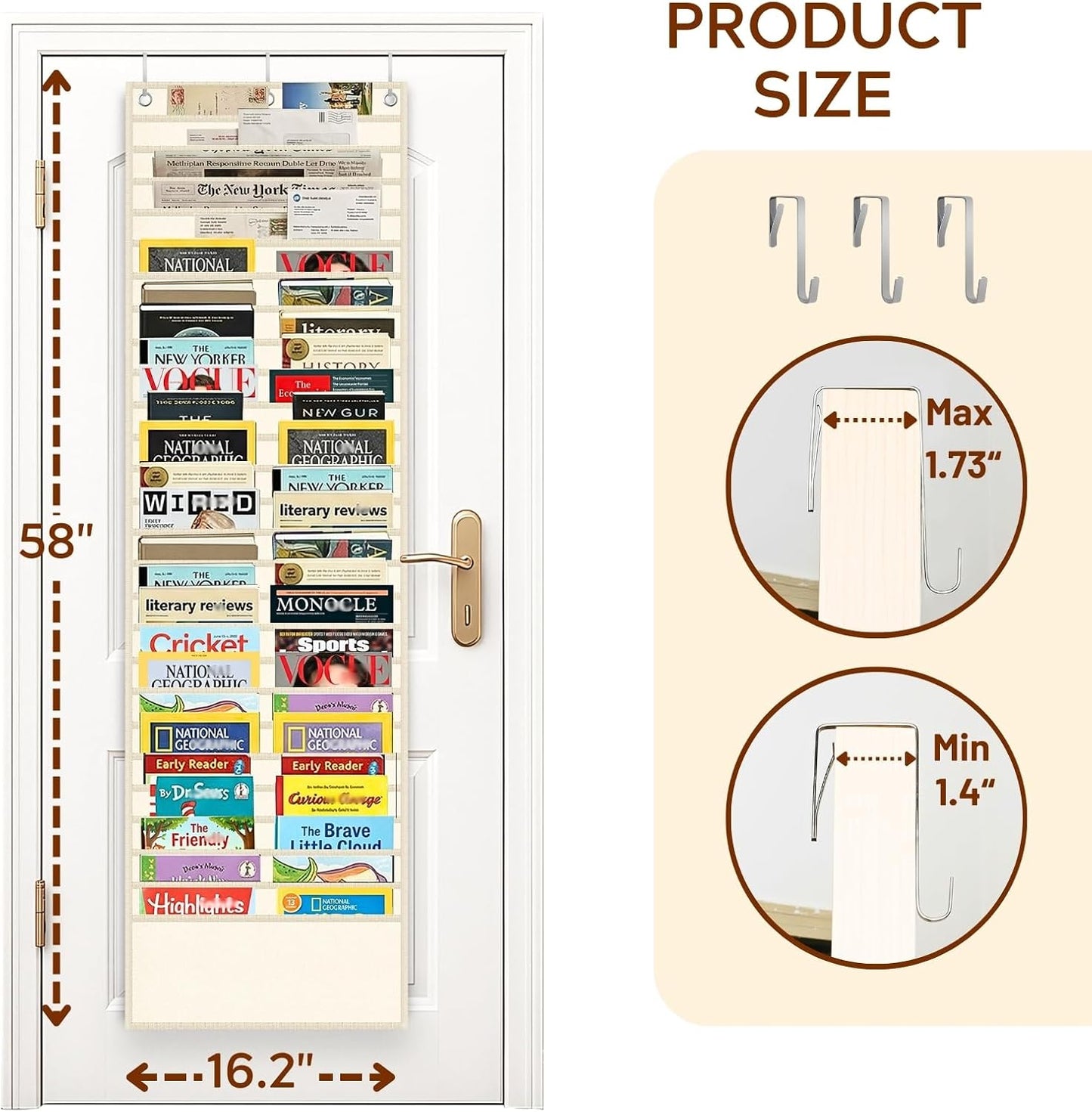 26-Pocket Over The Door File Organizer - Vertical Hanging Storage for Magazines, Documents & Paper, Heavy-Duty Door Organizer for Office, Classroom & Home