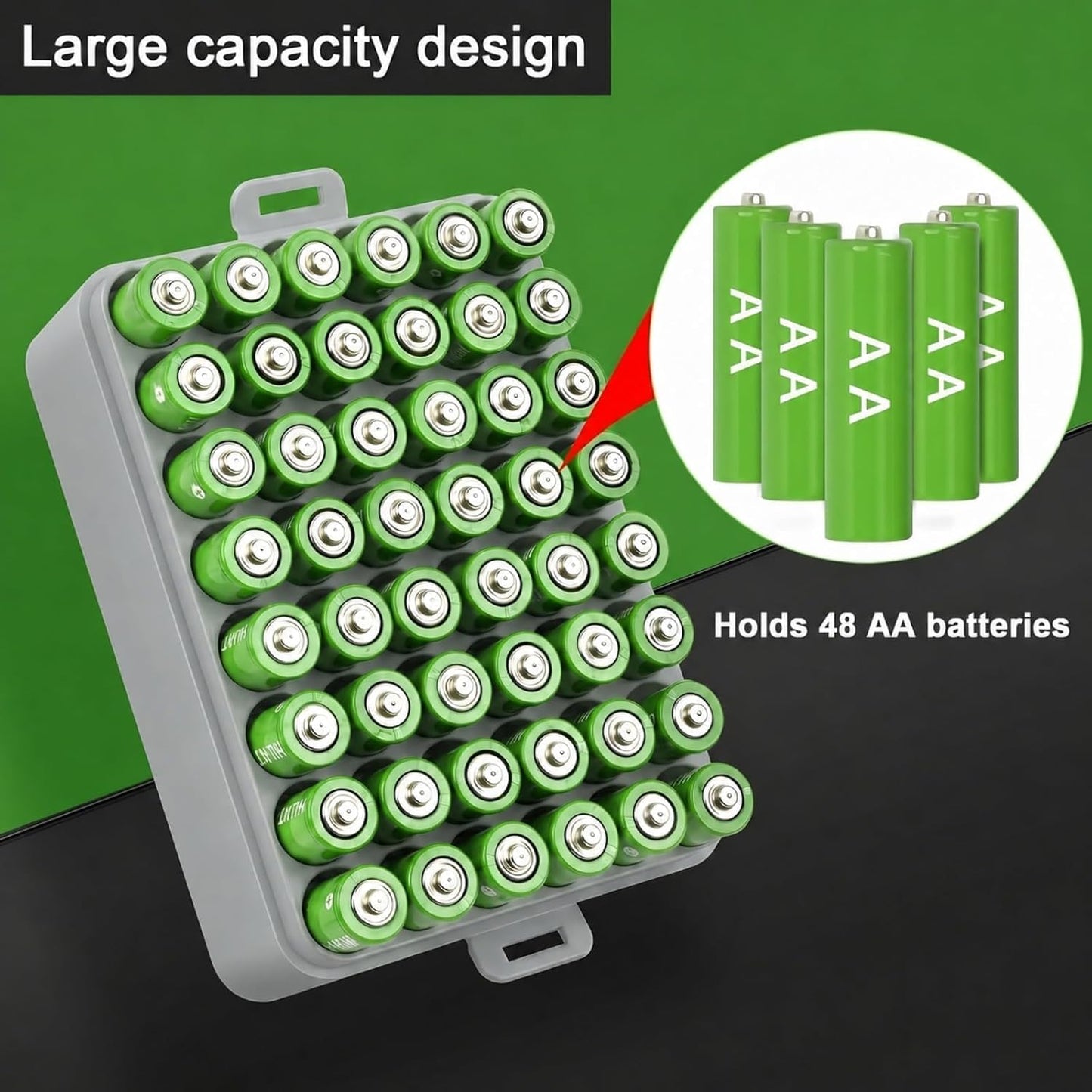 ALCYON Battery Organizer Storage Case, Battery Vault Box Container for 48pcs AA Batteries, Plastic Clear Protective Battery Holder for Travelling/Home/Office (Black, Large)