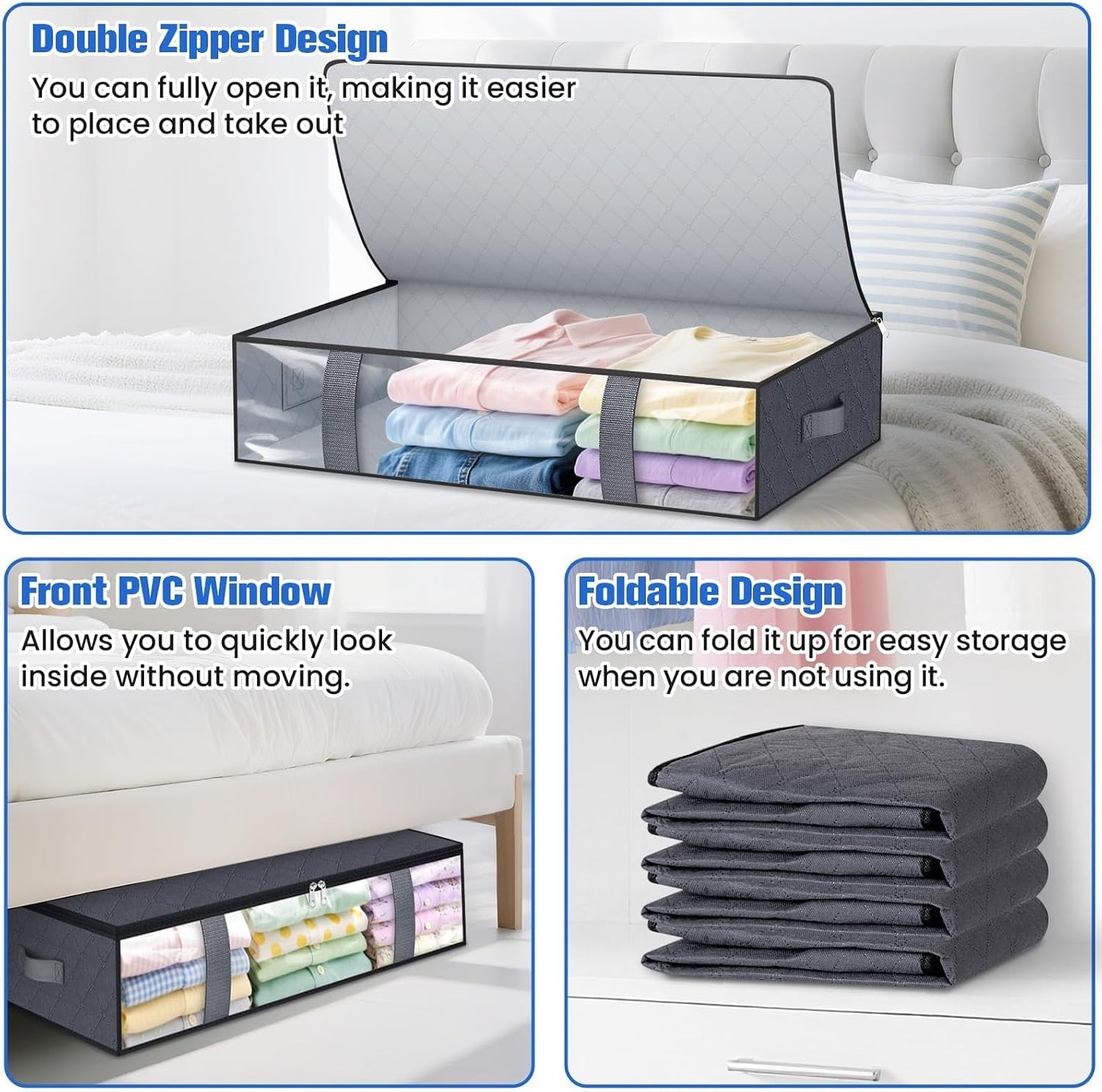 TasticTotes Under Bed Storage Containers, 4 Pack Blanket Storage Bags, Collapsible Storage Bags with Big Zippers, Clear Front, Shoe Storage and Organization for Clothes, Comforter, 60L, Grey