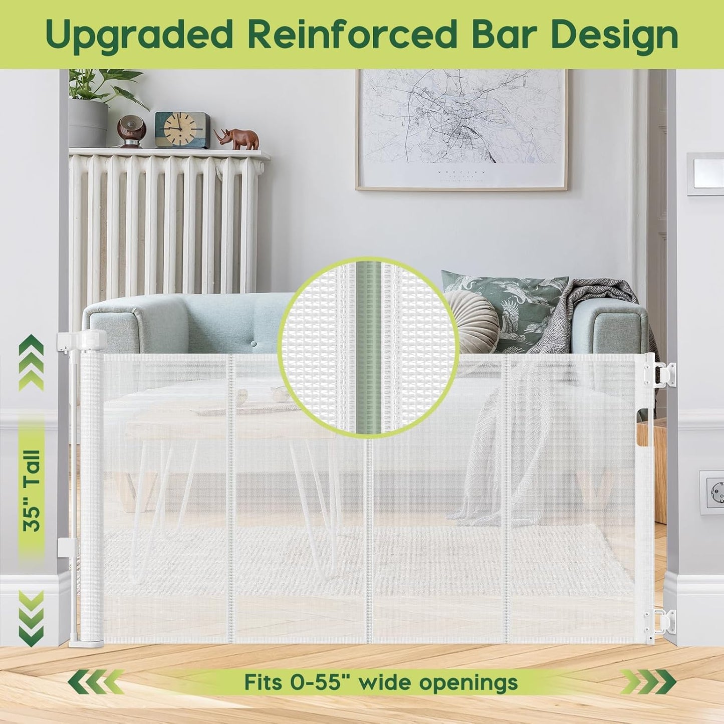 Reinforced 55" Wide Retractable Baby Gates with Reinforced Strips, Indoor/Outdoor Retractable Dog Gate for Doorway Prevent Bottom Drilling Through, No Bottom Bar Safety Mesh Baby Gate for Stair, Black