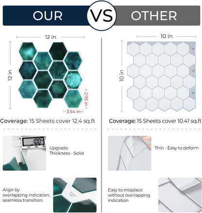 FunStick Dark Green Peel and Stick Backsplash Tile Stickers for Kitchen 12"x12" 3D Hexagon Self Adhesive Wall Tiles Peel and Stick Backsplash Stick on Tile for Bathroom Shower RV Waterproof 5 Sheets