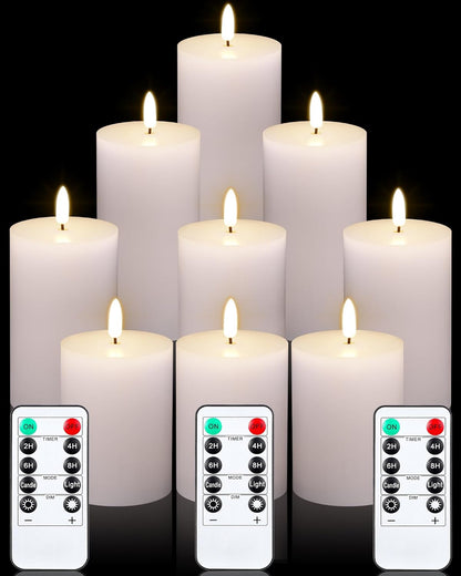 VIHOSE 9 Pack White Flameless Candles Set with Remote and Timer Flickering Flameless Battery Candles Flat Top LED Pillar for Wedding Outdoor Home Festival Decoration(D 3'' H 4'' 5'' 6'')