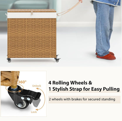 Giantex Laundry Hamper w/Wheels, 3 Section Hamper 125L w/2 Removable Liner Bags, Handwoven Rattan Divided Laundry Basket w/Lid and Handle for Laundry Sorter for Bathroom Bedroom (Brown)
