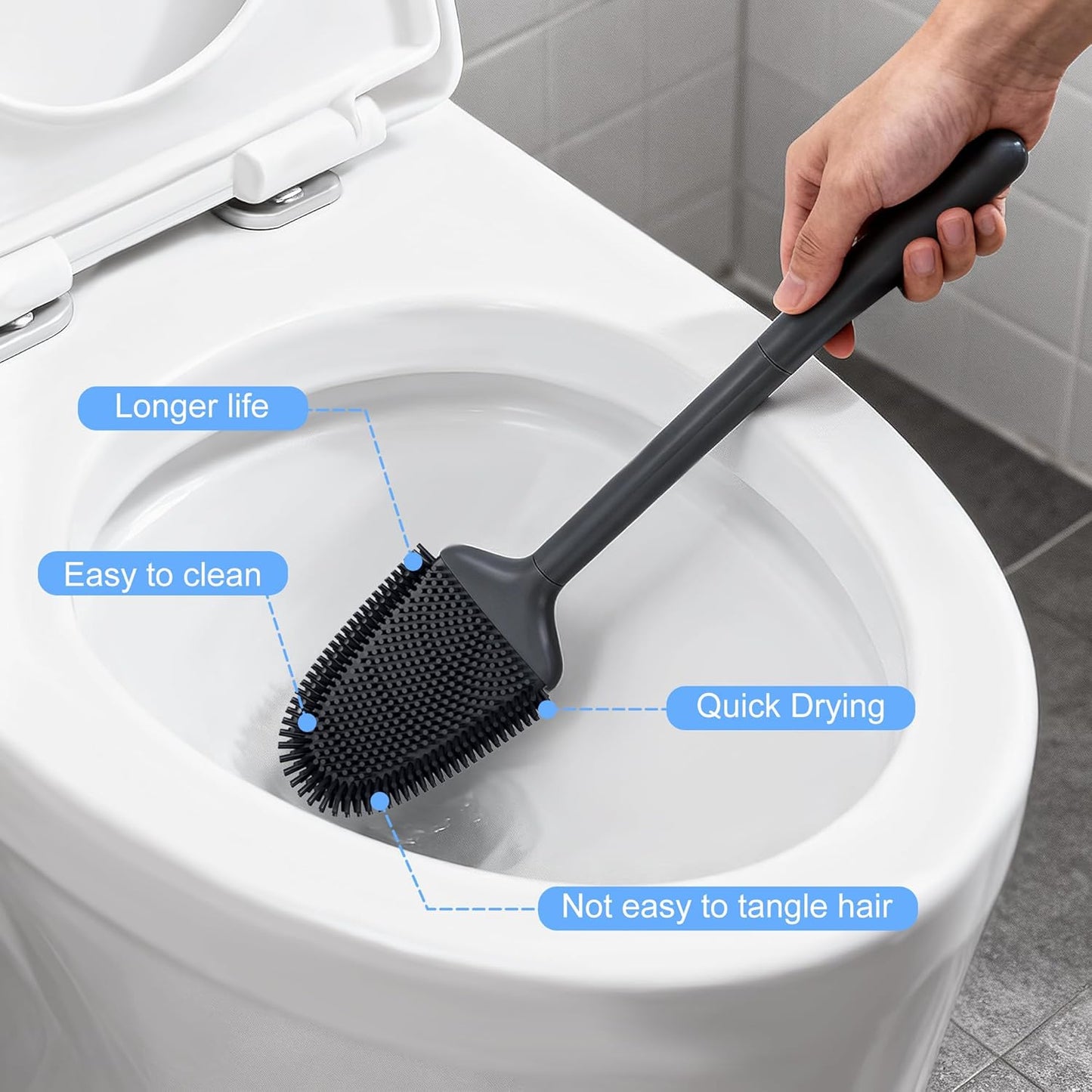 Toilet Brush and Holder Set, Black Silicone Toilet Bowl Brush with Flexible Head, Ventilated Base, Wall Mount, Compact Bathroom Scrubber for RV and Home