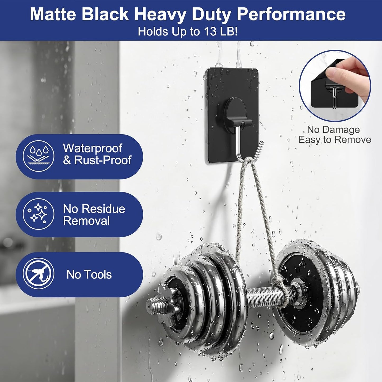 JINSHUNFA Adhesive Wall Hooks 13LB Heavy Duty No Drill Transparent Waterproof Hooks for Bathroom Kitchen Towel Coat 12 Pack