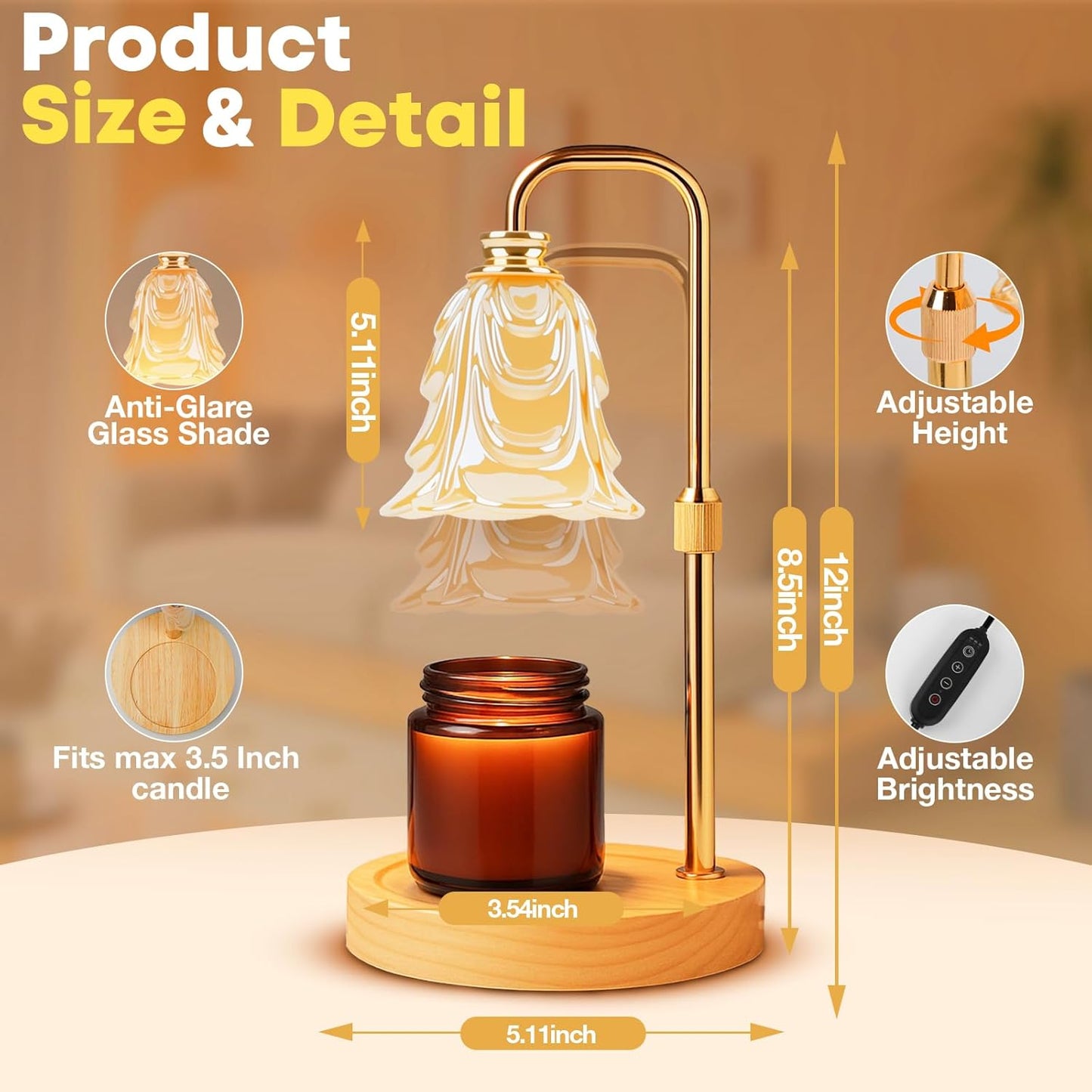 Candle Warmer Lamp with Timer and Dimmer, Electric Wax Warmers for Scented Candles with 5 Brightness Settings, Anti-Glare Lamp with Adjustable Height, Home Decor, Gift for Birthday, Valentines