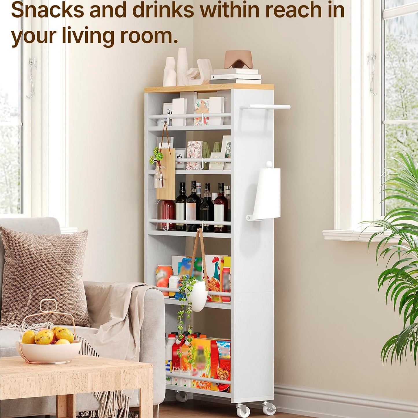 YATINEY 6 Tier Slim Storage Cart, Rolling Utility Cart with 360° Lockable Casters, Handle and 6 Hooks, Space Saving Organizer for Kitchen, Bathroom, Laundry Room, White BC11WN