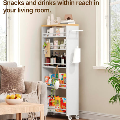 YATINEY 6 Tier Slim Storage Cart, Rolling Utility Cart with 360° Lockable Casters, Handle and 6 Hooks, Space Saving Organizer for Kitchen, Bathroom, Laundry Room, White BC11WN