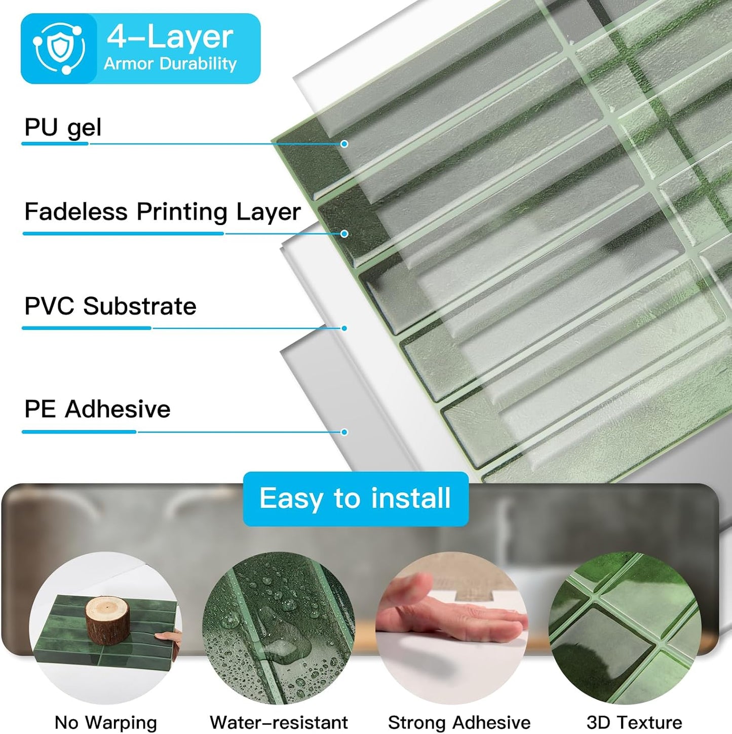 Art3d 11.4 x 9 Inch Heavy-Duty Peel and Stick Backsplash for Home Décor, 10-Pack PVC Wall Tiles for Kitchen Countertop, Green
