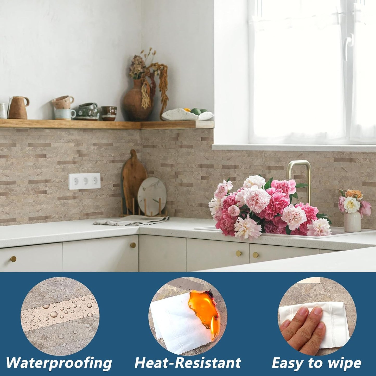 Yipscazo 2026 New Upgrade 11.34" X 11.57" Peel and Stick Backsplash, Stick on Backsplash Tiles for Kitchen, Bathroom, Fireplace (10 Sheets, Beige Rocks + Rose Gold)
