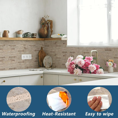 Yipscazo 2026 New Upgrade 11.34" X 11.57" Peel and Stick Backsplash, Stick on Backsplash Tiles for Kitchen, Bathroom, Fireplace (10 Sheets, Beige Rocks + Rose Gold)
