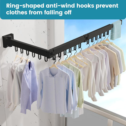 Abiglifty Clothes Drying Rack Wall Mounted, Laundry Drying Rack Collapsible, Foldable & Retractablewith 18 Hooks for Indoor/Outdoor Use inLaundry Room, Bathroom & Balcony (White)